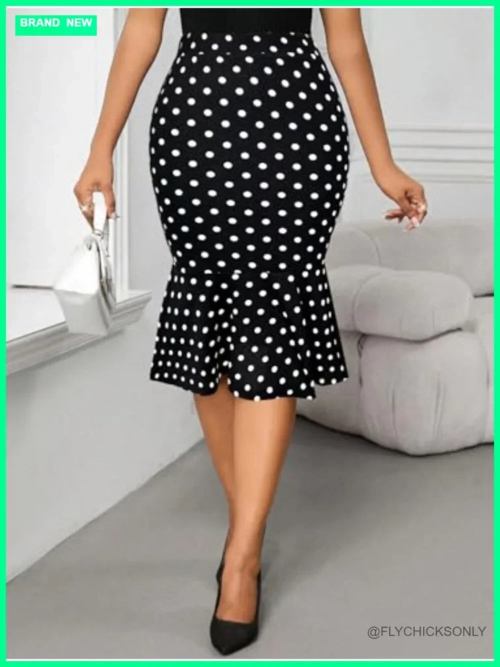 Women's Polka Dot Mermaid High Waist Bodycon Pencil Skirt Below Knee Knit